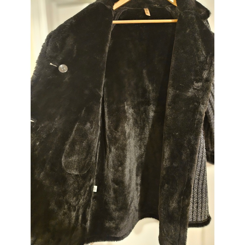 Vintage Style Striped Faux Fur Trim Coat Black White Mid Length Heavyweight L - Picture 5 of 14